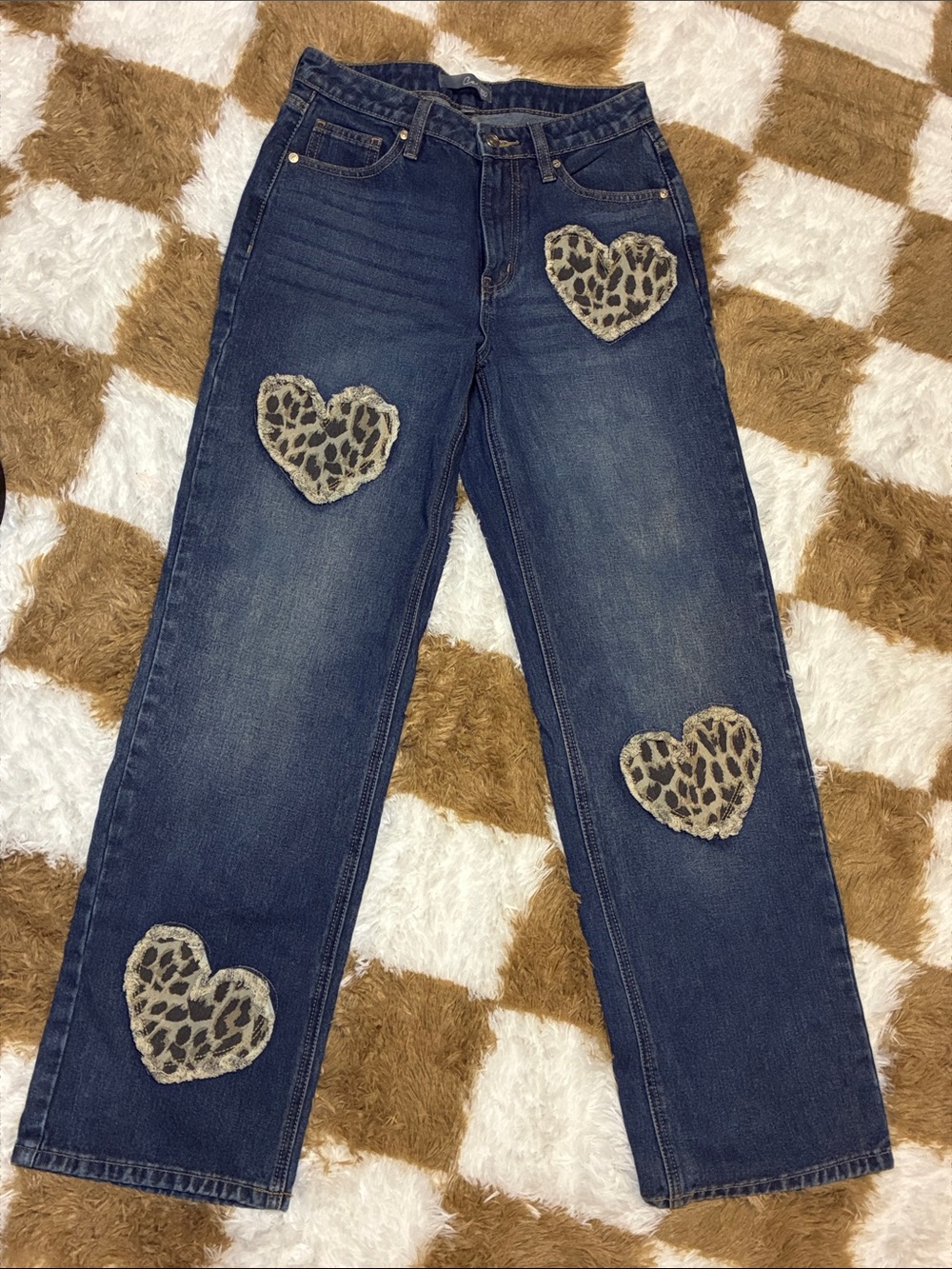 Dark Blue Straight-Leg Women's Jeans with Leopard Heart Patches